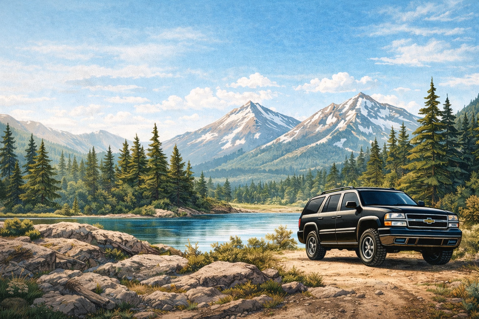 Mountain lake campsite with a black overland Suburban